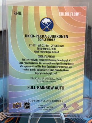 2025-26 Allure Ukko-Pekka Luukkonen Full Rainbow Auto back