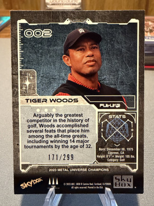 2023 Skybox Metal Universe Tiger Woods Speckle /299 back