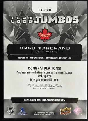 BRAD MARCHAND 2025-26 Black Diamond Hockey Team Logo Jumbo Patch Card #TL-BM back