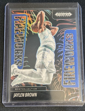 2024-25 Prizm Black Jaylen Brown Fireworks Blue Prizm #142/199 Celtics front