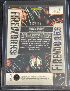 2024-25 Prizm Black Jaylen Brown Fireworks Blue Prizm #142/199 Celtics back