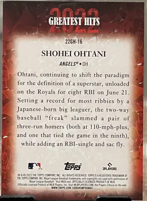 2023 Topps Series 1 2022's Greatest Hits Shohei Ohtani #22GH-16 Refractor Angels back