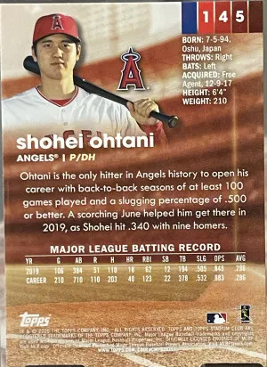 2020 Topps Stadium Club - SP Image Variation Shohei Ohtani #145 Members Only back