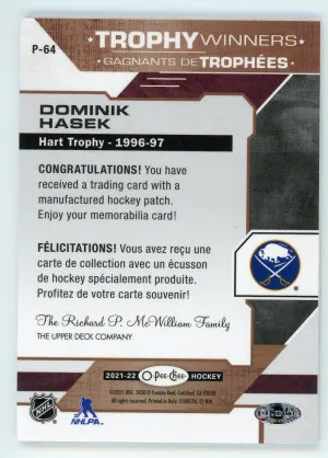 2021-22 O-Pee-Chee Dominik Hasek Trophy Winners Patch #P-64 back