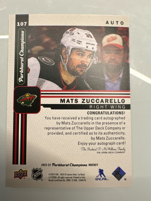 Mats Zuccarello, 2022-23 Parkhurst Champions Auto back