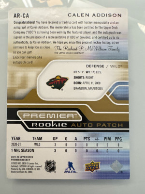 See Photos! Calen Addison, 2021-22 Premier Rookie Auto Patch /65 back