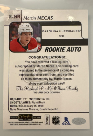 Martin Necas, 2017-18 O-pee-Chee Platinum Rookie Auto back