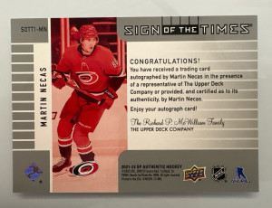 Martin Necas, 2021-22 SP Authentic Sign Of The Times Auto back