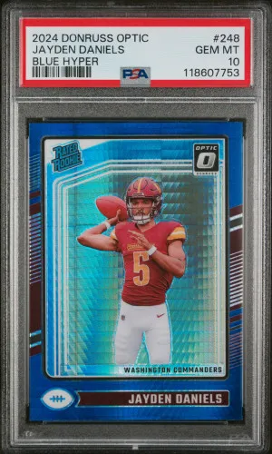 2024 Panini Donruss Optic Jayden Daniels Blue Hyper Rated Rookie PSA 10 front
