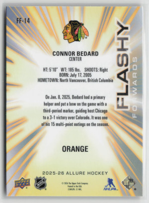 2025-26 Upper Deck Allure Hockey Flashy Forwards Connor Bedard #FF-14 Orange back