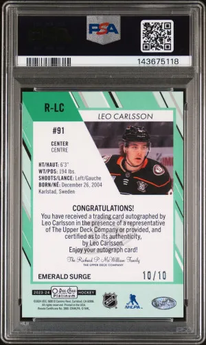 2023 Upper Deck O-Pee-Chee Platinum Rookie Autographs Leo Carlsson Rk Auto-Emerald Surge back