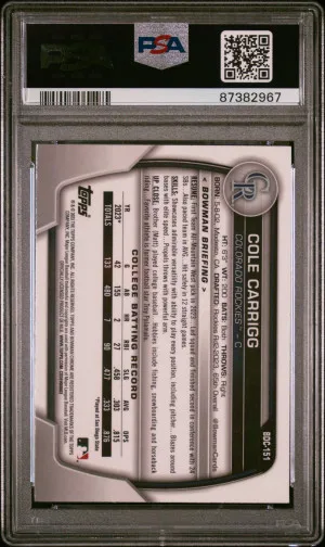 2023 Bowman Draft Cole Carrigg #BDC151 Chrome PSA 10 back