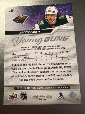 2023-24 Upper Deck #215 Brock Faber Young Guns RC back