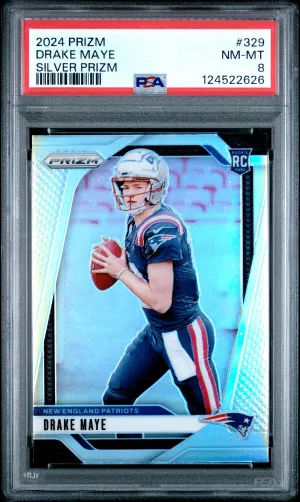 2024 Panini Prizm Drake Maye Silver Prizm Psa 8 front