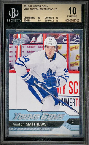 2017-17 UPPER DECK HOCKEY - AUSTON MATTHEWS #201 YOUNG GUNS BECKETT PRISTINE 10 GOLD LABEL front