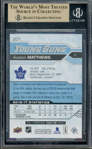 2017-17 UPPER DECK HOCKEY - AUSTON MATTHEWS #201 YOUNG GUNS BECKETT PRISTINE 10 GOLD LABEL back