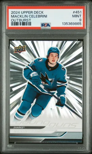 2024 Upper Deck Macklin Celebrini Young Guns Outburst #451 PSA 9 front