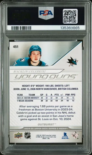 2024 Upper Deck Macklin Celebrini Young Guns Outburst #451 PSA 9 back