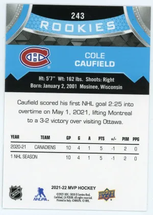 2021-22 Upper Deck MVP #243 Cole Caufield Rookie SP back