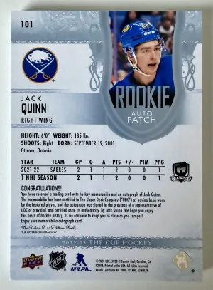 2023 Upper Deck The Cup Jack Quinn Rookie /249 Patch back