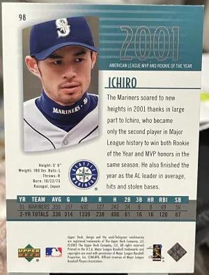 2003 Upper DeckAuthentics - Ichiro Suzuki#98 Gold Hologram back