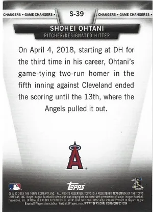 2018 Topps Update S-39 Shohei Ohtani Game Changers (RC) back