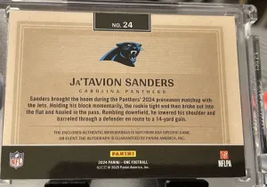 2024 Panini One Ja'Tavion Sanders #24 Rookie Patch Auto  RC /199 back