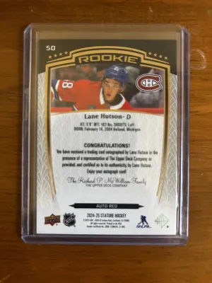 2024-25 Stature Lane Hutson Red Auto #50 (89/99) back