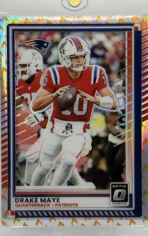 2025 Panini Donruss Optic #47 Drake Maye Fire Emoji (SSP) Case Hit front