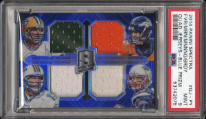 2014 Panini Spectra Quad Jerseys Fvr/Mrn/Mnnng/Brdy Quad Jerseys-Blue Prizm front