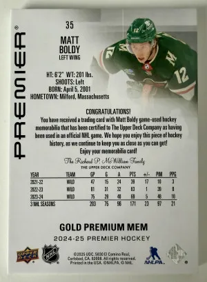 2025 Upper Deck Premier Matt Boldy Gold Premium Memorabilia back