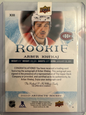 Arber Xhekaj, 2022-23 Artifacts, Rookie Auto back