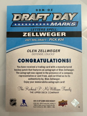 Olen Zellweger, 2024-25 SP Game Used, Draft Day Marks, Auto /35 back