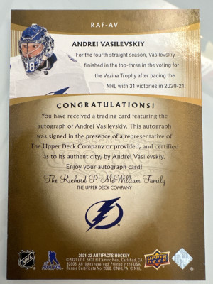 Andrei Vasilevskiy, 2021-22 Artifacts, Autofacts Auto back