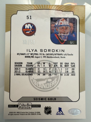 Ilya Sorokin, 2022-23 O Pee Chee Platinum, Seismic Gold /50 back