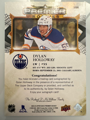 Dylan Holloway, 2022-33 Premier, Premier Rookies, Auto /35 back