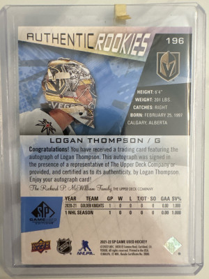 Logan Thompson, 2021-22 SP Game Used Authentic Rookies Auto back