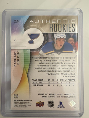 Zachary Bolduc, 2024-25 SP Game Used, Authentic Rookies Auto back