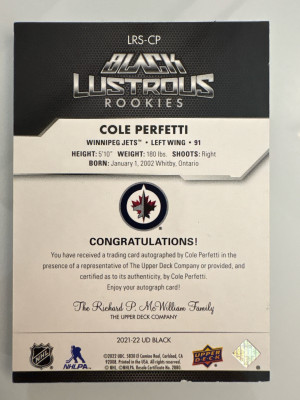Cole Perfetti, 2021-22 US Black, Lustrous Rookies Auto /199 back