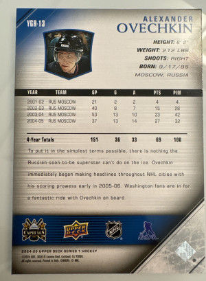 Alex Ovechkin, 2024-25 Series 1, Young Guns Renewed back