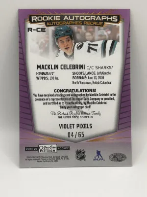 2024/25 Platinum Hockey Macklin Celebrini Violet Pixels Auto /65 back