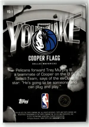 2025/26 Topps Chrome Basketball Cooper Flagg Youthquake Rookie Card YQ-1 Mavs (RC) back