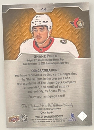 Shane Pinto, 2023-24 Engrained, Oak Auto back