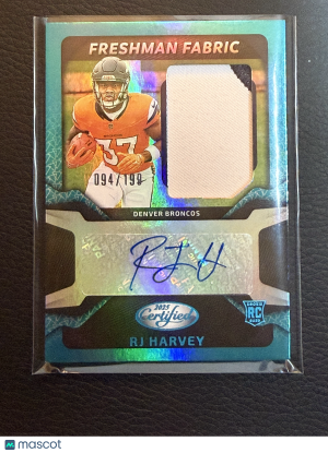 2025 Panini Certified Freshman Fabric RJ Harvey #FBC-RHY Teal RPA Rookie 094/199 front