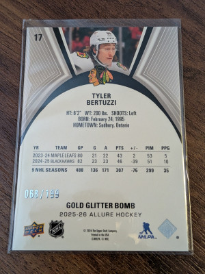 TYLER BERTUZZI GOLD GLITTER BOMB /199 2025-26 UPPER DECK ALLURE #17 back