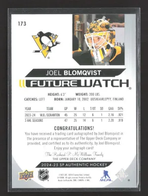 2025 Upper Deck SP Authentic Future Watch Joel Blomqvist #173 /999 Future Watch Autograph back