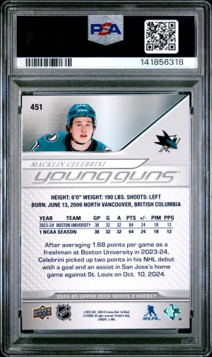2024-25 Upper Deck Macklin Celebrini #451 Young Guns Rookie PSA 9 back