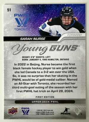 2024 Upper Deck PWHL Young Guns Sarah Nurse Silver Outburst Rookie First Edition back
