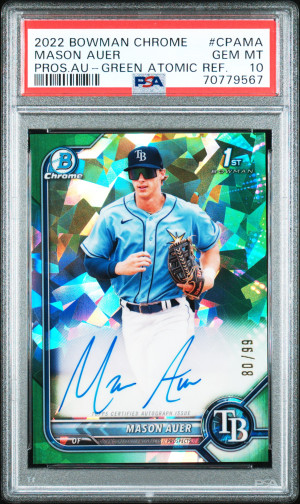 2022 Bowman Chrome Prospect Autographs Mason Auer Pros.au-Green Atomic Ref. front