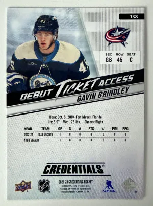 2025 Upper Deck Credentials Debut Ticket Access Gavin Brindley /999 Rookie back